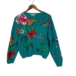 Vintage Worlds Apart Vibrant Turquoise Sweater Floral & Hummingbird Knit Print